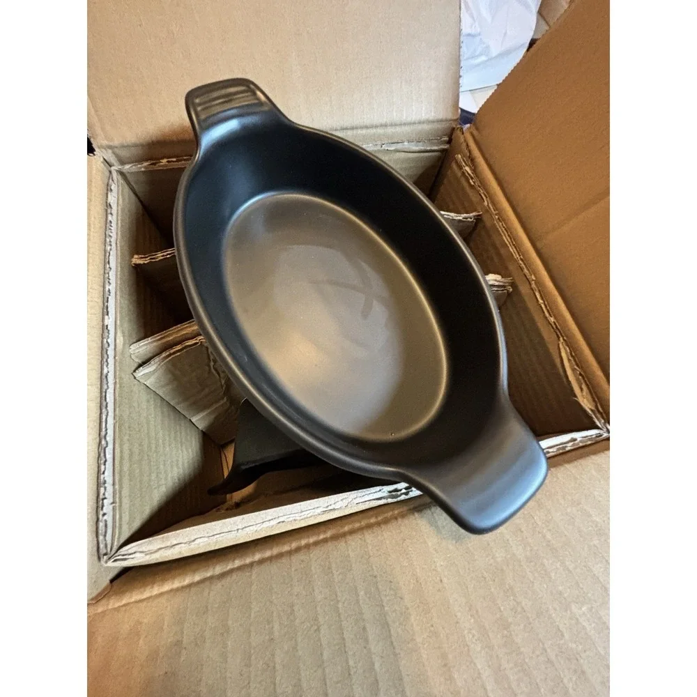 Set of 4 Black Ceramic Oval Au Gratin Baking Dishes Handled 8 Inch